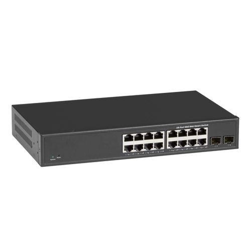Black Box LGB2000 Series LGB2118A-R2 web smart switch front view showing 16 10/100/1000 RJ45 copper ports, 2 SFP ports for fiber uplinks, and comprehensive LED status indicators for link and activity