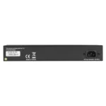 Black Box LGB2126A Gigabit switch back view with AC power input, console port for management, and ventilation fans for rack-mount deployment