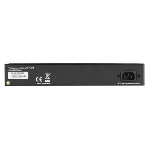 Black Box LGB2126A Gigabit switch back view with AC power input, console port for management, and ventilation fans for rack-mount deployment