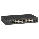 Black Box LGB2126A Gigabit Ethernet switch front view with 24 10/100/1000 RJ45 ports, 2 combo SFP ports, and comprehensive LED status indicators for link and activity
