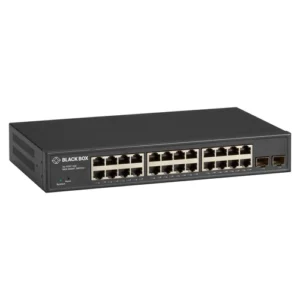 Black Box LGB2126A Gigabit Ethernet switch front view with 24 10/100/1000 RJ45 ports, 2 combo SFP ports, and comprehensive LED status indicators for link and activity