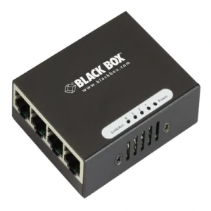 Black Box LGB304A Gigabit Ethernet switch front view with 4 Gigabit Ethernet ports and LED status indicators for link and activity