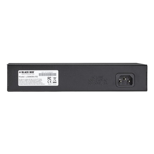 Black Box LGB408A-R2 8-port Gigabit unmanaged switch back view with internal power supply input, ventilation design, and Auto MDI/MDI-X labeling for straight-pin or crossover cable auto-detection