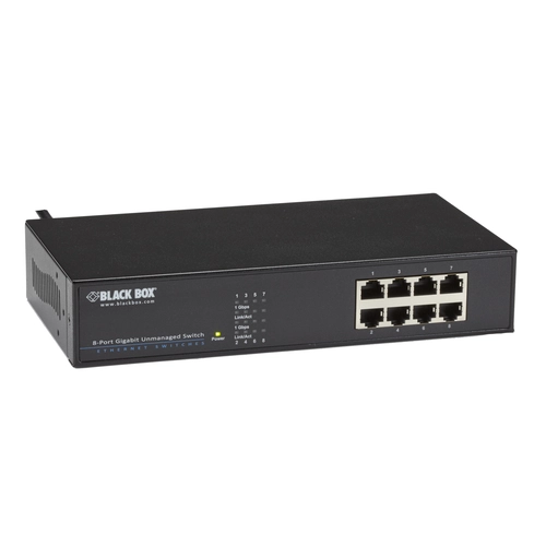 Black Box LGB408A-R2 8-port Gigabit unmanaged switch front view showing 8 10/100/1000 RJ45 ports and comprehensive LED status indicators for power, 1000M link, and link/activity