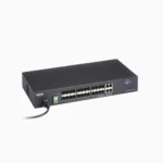 Black Box LGB5124A-R2 managed Gigabit Ethernet switch front view showing 20 SFP fiber ports, 4 dual-media 100/1000-Mbps RJ45/SFP ports, and comprehensive LED status indicators