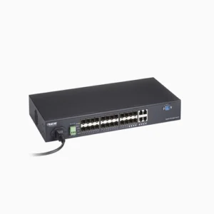 Black Box LGB5124A-R2 managed Gigabit Ethernet switch front view showing 20 SFP fiber ports, 4 dual-media 100/1000-Mbps RJ45/SFP ports, and comprehensive LED status indicators