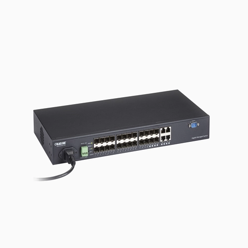 Black Box LGB5124A-R2 managed Gigabit Ethernet switch front view showing 20 SFP fiber ports, 4 dual-media 100/1000-Mbps RJ45/SFP ports, and comprehensive LED status indicators