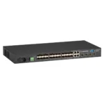 Black Box LGB5128A-R2 managed fiber switch front view with 20 SFP ports, 4 dual-media SFP/RJ45 ports, 4 SFP+ ports, LED status indicators, and DB9 console port