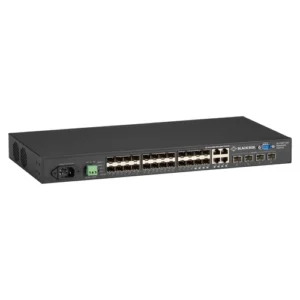 Black Box LGB5128A-R2 managed fiber switch front view with 20 SFP ports, 4 dual-media SFP/RJ45 ports, 4 SFP+ ports, LED status indicators, and DB9 console port