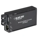 Black Box LGC010A-R2 media converter front view with fiber optic connector and RJ45 Ethernet port with status LEDs