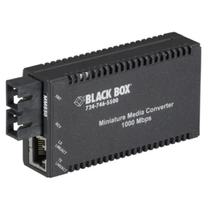 Black Box LGC010A-R2 media converter front view with fiber optic connector and RJ45 Ethernet port with status LEDs