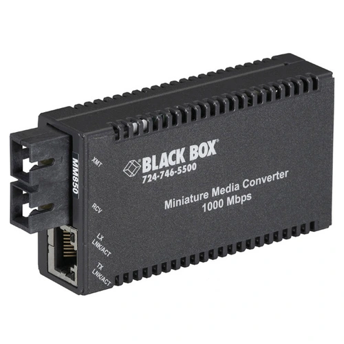Black Box LGC010A-R2 media converter front view with fiber optic connector and RJ45 Ethernet port with status LEDs