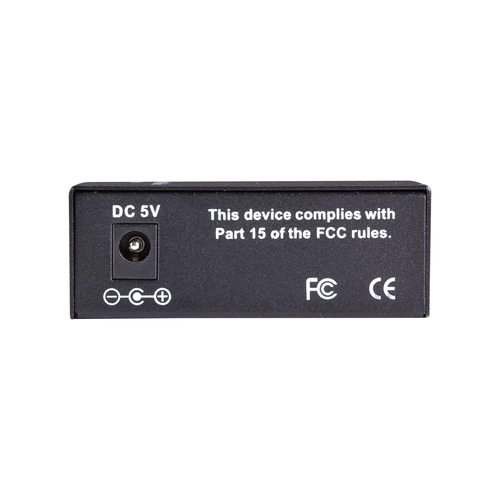 Black Box LGC210A-R2 Gigabit media converter back view with power input and configuration DIP switches