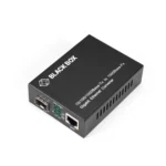 Black Box LGC210A-R2 Gigabit media converter front view with fiber optic connector, RJ45 Ethernet port, and LED status indicators for link and activity