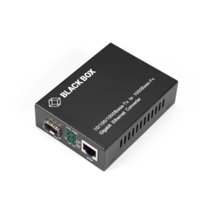 Black Box LGC210A-R2 Gigabit media converter front view with fiber optic connector, RJ45 Ethernet port, and LED status indicators for link and activity