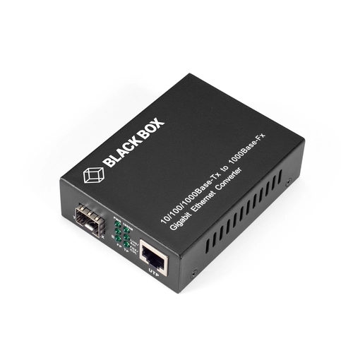Black Box LGC210A-R2 Gigabit media converter front view with fiber optic connector, RJ45 Ethernet port, and LED status indicators for link and activity