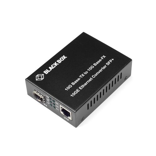 Black Box LGC220A Gigabit media converter front view with fiber optic connector, RJ45 Ethernet port, and LED status indicators for link and activity
