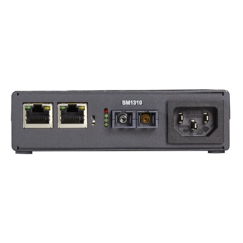Black Box Compact Gigabit Ethernet Media Converter LGC5152A side view showing 4-inch depth enclosure with rubber feet for desktop placement and optional rack-mount compatibility