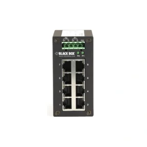 Black Box LGH008A Gigabit Ethernet switch front view with 8 PoE+ Gigabit Ethernet ports, LED status indicators, and compact desktop form factor