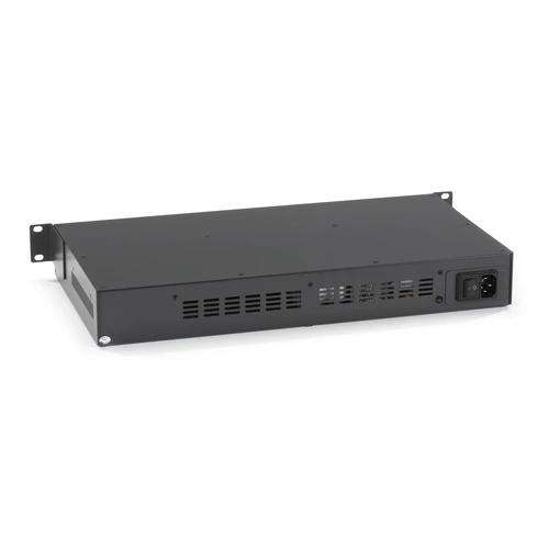 Black Box LHC018A-AC-R2 MultiPower rackmount power tray back view with internal AC power supply input (100-240 VAC), power distribution connectors for inserted media converters, and ventilation