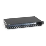 Black Box LHC018A-AC-R2 MultiPower rackmount power tray front view showing 18 slots for MultiPower Miniature Media Converters and 1.5U rack-mount enclosure