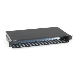 Black Box LHC018A-AC-R2 MultiPower rackmount power tray front view showing 18 slots for MultiPower Miniature Media Converters and 1.5U rack-mount enclosure