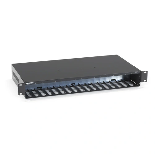 Black Box LHC018A-AC-R2 MultiPower rackmount power tray front view showing 18 slots for MultiPower Miniature Media Converters and 1.5U rack-mount enclosure