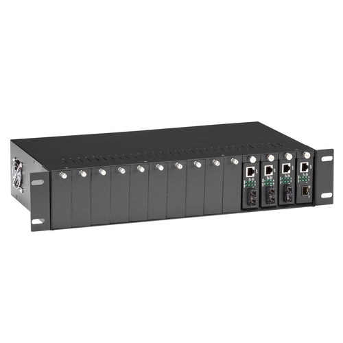 Black Box LHGC-RACK rackmount shelf front view with 1U ventilated design for supporting media converters or small switches