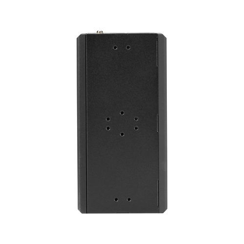 Black Box LIE1014A industrial Ethernet switch back view showing dual power inputs (terminal block and DC jack), DIN-rail mounting bracket, and grounding point