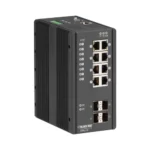 Black Box LIE1014A industrial Ethernet switch front view with 4 Gigabit Ethernet ports, LED status indicators, and industrial-grade metal housing