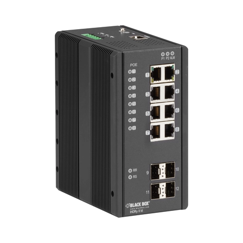 Black Box LIE1014A industrial Ethernet switch front view with 4 Gigabit Ethernet ports, LED status indicators, and industrial-grade metal housing