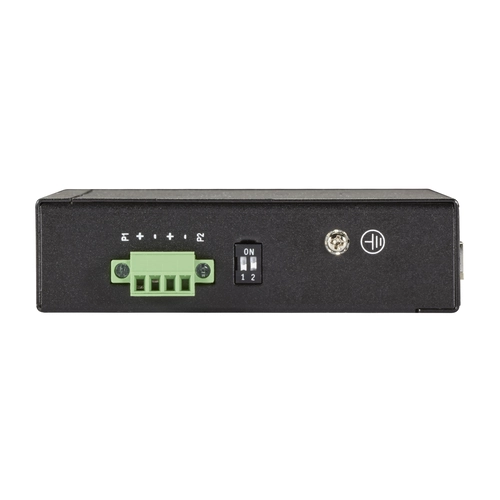 Black Box LIE401A industrial Ethernet switch back view showing dual power inputs (terminal block and DC jack), DIN-rail mounting bracket, and grounding point