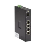 Black Box LIE401A industrial Ethernet switch front view with Gigabit Ethernet ports, LED status indicators, and rugged metal housing for industrial environments