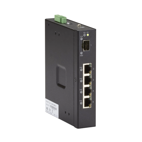 Black Box LIE401A industrial Ethernet switch front view with Gigabit Ethernet ports, LED status indicators, and rugged metal housing for industrial environments