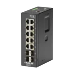 Black Box LIG1014A industrial Gigabit Ethernet switch front view with 4 Gigabit Ethernet ports, LED status indicators, and rugged metal housing for industrial environments