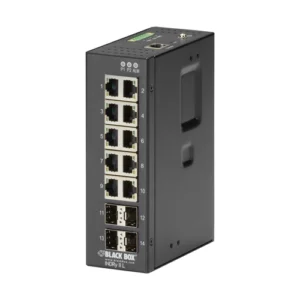 Black Box LIG1014A industrial Gigabit Ethernet switch front view with 4 Gigabit Ethernet ports, LED status indicators, and rugged metal housing for industrial environments