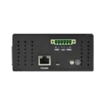 Black Box LIG1014A industrial Ethernet switch back view showing dual power inputs (terminal block and DC jack), DIN-rail mounting bracket, and grounding point