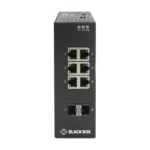 Black Box LIG1082A industrial Gigabit Ethernet switch front view with 8 PoE+ Gigabit Ethernet ports, LED status indicators, and rugged metal housing