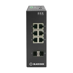 Black Box LIG1082A industrial Gigabit Ethernet switch front view with 8 PoE+ Gigabit Ethernet ports, LED status indicators, and rugged metal housing