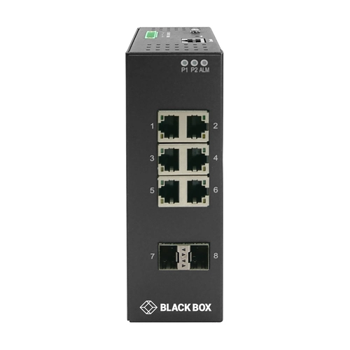 Black Box LIG1082A industrial Gigabit Ethernet switch front view with 8 PoE+ Gigabit Ethernet ports, LED status indicators, and rugged metal housing