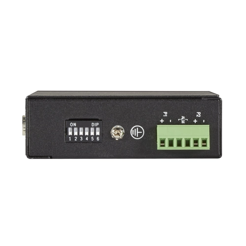 Black Box LIG401A industrial Ethernet switch back view with dual power inputs, DIN-rail mounting bracket, and grounding point