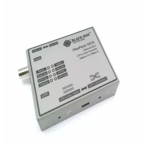 Black Box LMC210A media converter front view with fiber optic connector, RJ45 Ethernet port, and LED status indicators