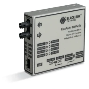 Black Box LMC213A-SMSC-R2 media converter front view with SC single-mode fiber connector, RJ45 Ethernet port, and LED status indicators for link and activity