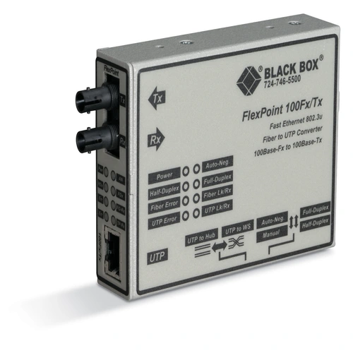 Black Box LMC213A-SMSC-R2 media converter front view with SC single-mode fiber connector, RJ45 Ethernet port, and LED status indicators for link and activity