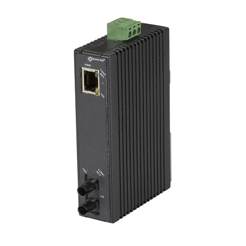 Black Box LMC270A-MM-ST media converter front view with ST multimode fiber connector, RJ45 Ethernet port, and LED status indicators
