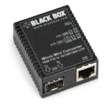 Black Box LMC4000A media converter front view with fiber optic connector, RJ45 Ethernet port, and LED status indicators for link and activity