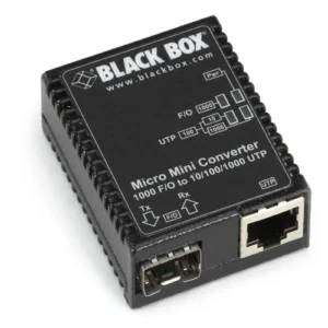 Black Box LMC4000A media converter front view with fiber optic connector, RJ45 Ethernet port, and LED status indicators for link and activity