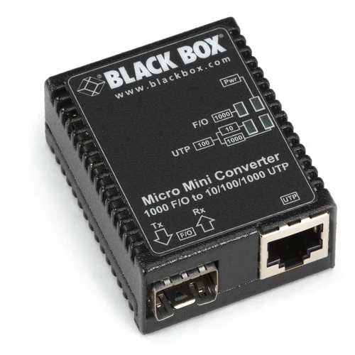 Black Box LMC4000A media converter front view with fiber optic connector, RJ45 Ethernet port, and LED status indicators for link and activity