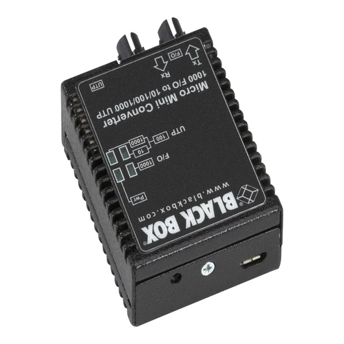 Black Box LMC4001A Gigabit media converter back view with power input, configuration DIP switches, and mounting interface