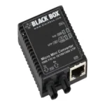 Black Box LMC4001A Gigabit media converter front view with fiber optic connector, RJ45 Ethernet port, and LED status indicators